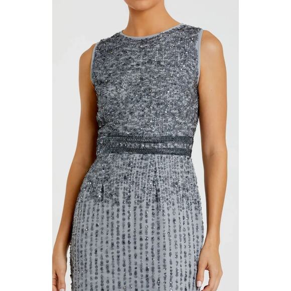 B69 Mac Duggal Sequin Midi Sheath Dress Womens 12 Gray Sleeveless Wedding Guest - Picture 3 of 11